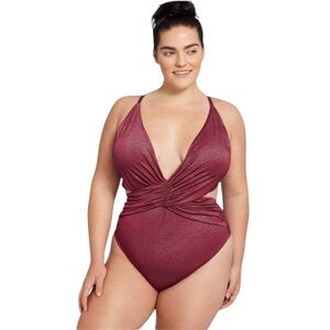 Shade & Shore -  Women's Plunge Deep V Neck One Piece Burgundy Sz 14 boxEV